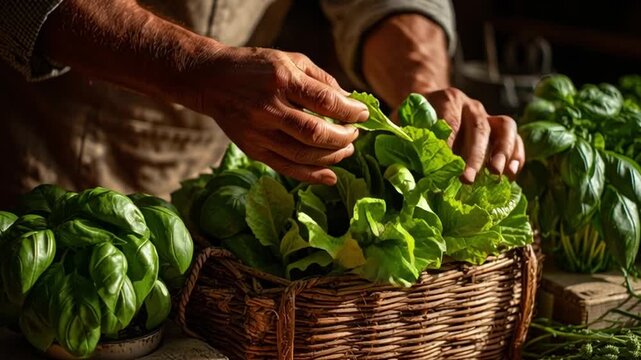 Harvest Hands: A close-up shot of a person carefully arranging fresh, vibrant green leafy vegetables inside a woven basket. The focus is on the skilled hands.