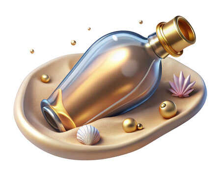 Luxury elixir in golden bottle with pearl accents resting on sand platform exuding sophistication and elegance