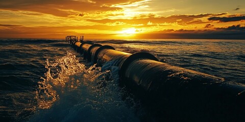 Breathtaking view of the sun setting over the ocean. Calm waters and pier in the background. Perfect end to a day.