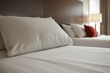 Obraz premium Inviting hotel beds with crisp white linens and neutral tones.