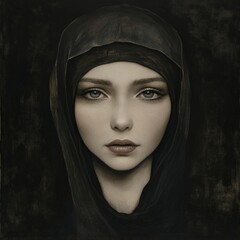 Mystical artistic representation focusing on the ethereal qualities of a young woman adorned in traditional Islamic attire.
