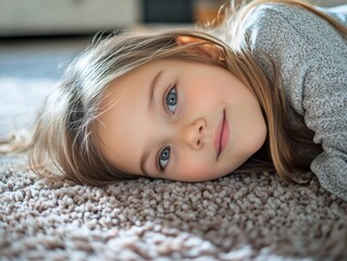 Sweet little girl with big blue eyes lying down smiling, exuding innocence and joy.