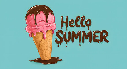 Hello Summer greeting card design featuring a delicious pink ice cream cone with dripping chocolate sauce and typography effect.