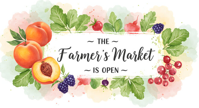 Hand-painted Farmer's Market sign with watercolor effects. A beautiful frame of fresh peaches, berries, and green leaves.
