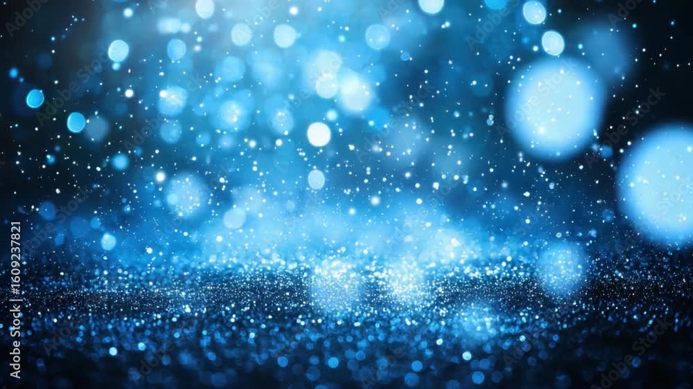 Poster bright blue sparkling bokeh with glowing particles on dark background for abstract design and backgr