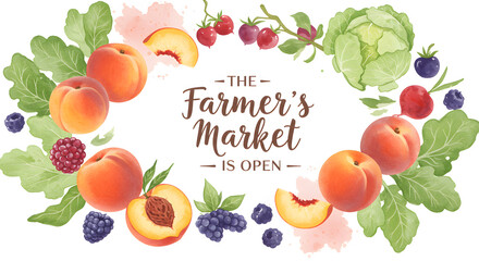Watercolor Farmer's Market sign with a decorative wreath of fresh peaches, berries, and vegetables. Image_fx (71).png style.