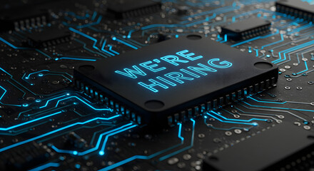 Futuristic technology recruitment concept with a 'We're Hiring' message glowing on a computer processor