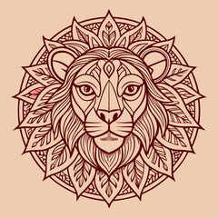 Obraz premium Stylized line-art lion head in mandala design, symmetrical and intricate vector