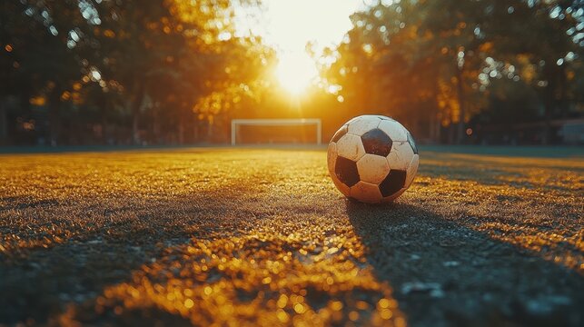 A football is ready for a free kick on the soccer field on a sunny summer day