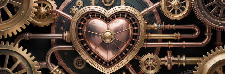 Intricate heart shaped steampunk mechanism with copper and brass gears and pipes image