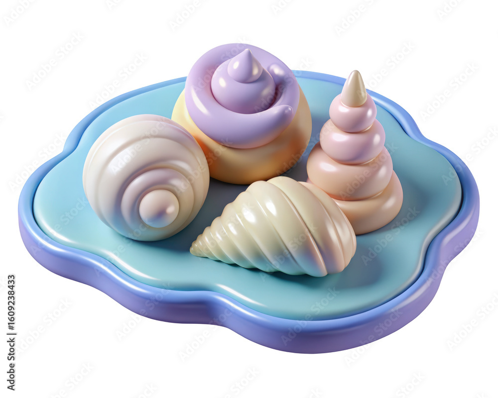 Poster pastel seashell arrangement on whimsical platform rendered in 3d for creative projects and designs w