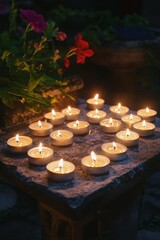 Candles for a garden gathering or outdoor ceremony, arranged in a row on an outdoor table at dusk.