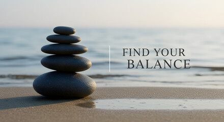 Find Your Balance inspirational concept with stacked zen stones on a serene beach at sunset. A symbol of harmony and wellness.