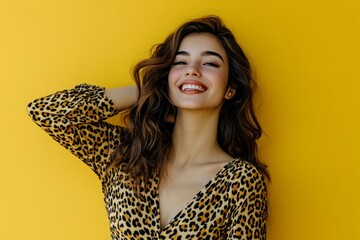 Young lady posing for camera with bright smile. Leopard print blouse, yellow background.