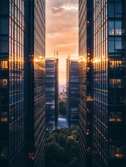 Tall buildings silhouette against evening sky with reflections on windows