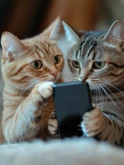 Two cats engaging with a mobile phone, one looking at the screen while the other holds the device, showcasing their playful and social nature.