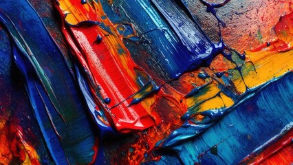 Vibrant impasto painting with thick, textured strokes of red, blue, and yellow paint