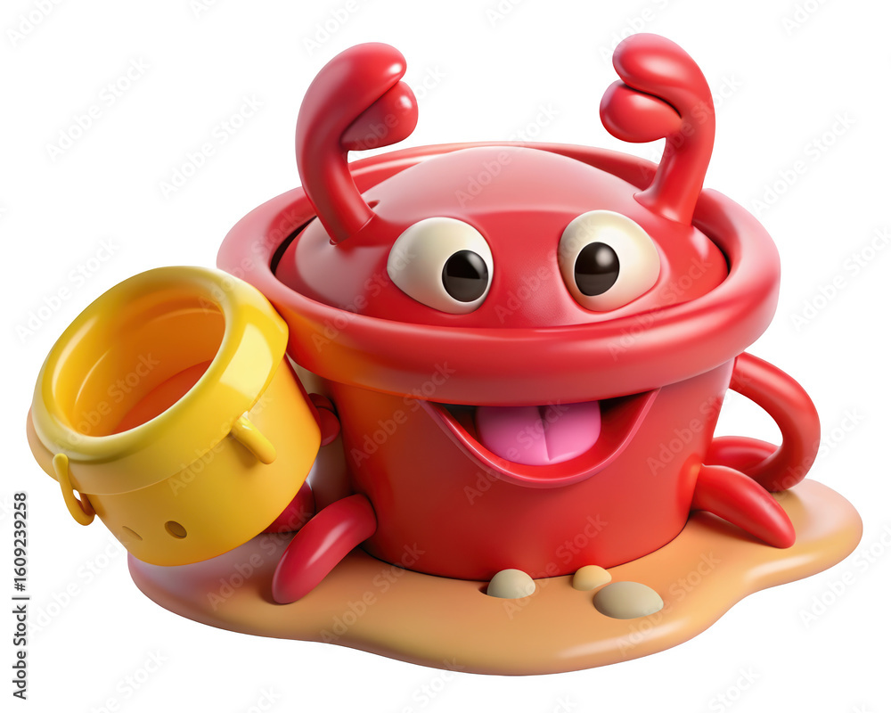 Poster playful 3d render of a red crab bucket character with a yellow sand bucket on a beach setting