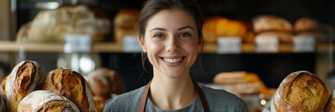 A cheerful woman working at a bakery, surrounded by an array of tempting pastries and breads.