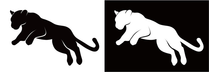 silhouette of a jumping cheetah isolated on a white and black background. vector illustration of a jumping cheetah. © mamat