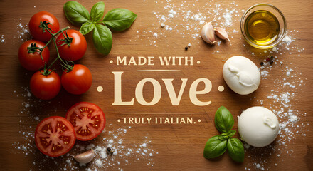 Vibrant flat lay of classic Italian ingredients including tomatoes, basil, and mozzarella on a rustic wooden background. A culinary concept of homemade cooking with love.