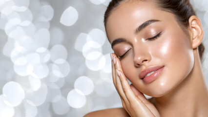 Serene woman with glowing skin and bokeh background