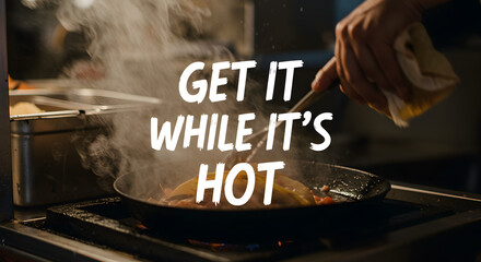 Sizzling hot food being prepared in a professional kitchen with steam rising from the pan, a concept of freshness and fast service.