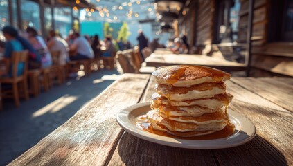 Stack of pancakes on a plate, outdoor cafe setting