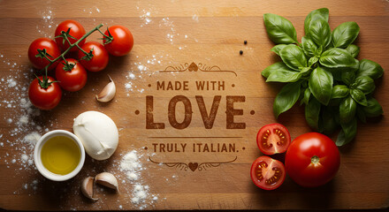 Top view of classic Italian food ingredients, including tomatoes, basil, and mozzarella, with a 'Made with Love' typographic design on a rustic wooden board.