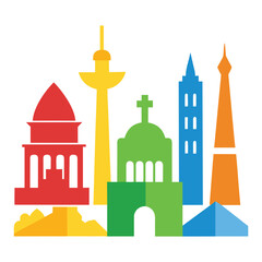 Collection of colorful landmark icons representing diverse locations and landmarks on a clean white background