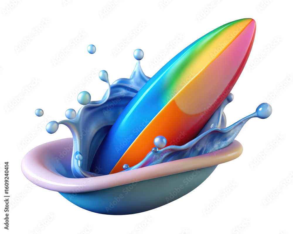 Poster rainbow surfboard splashing in water isolated on background rendered in high detail abstract illustr