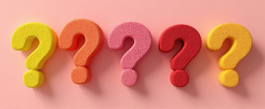 The colorful question marks inviting curiosity and inquiry on a soft pink background.