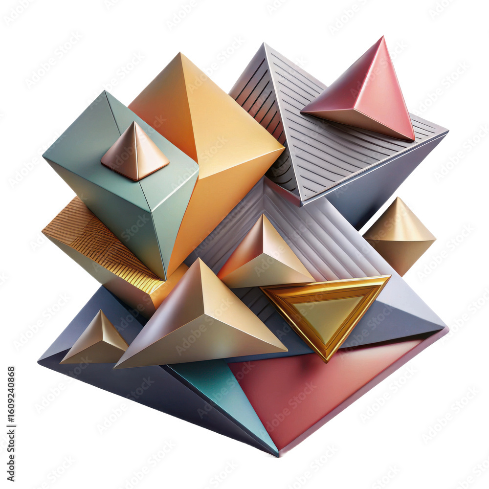 Poster intricate geometric abstract sculpture composed of interlocking pyramids and polyhedrons in pastel m