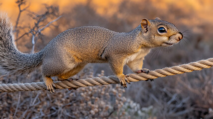 Squirrel sits on a branch in the autumn park and looks at the camera, Close up of a grey squirrel on a tree branch