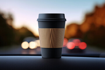 Black takeaway coffee cup with ribbed sleeve placed on car dashboard during sunset drive with bokeh lights