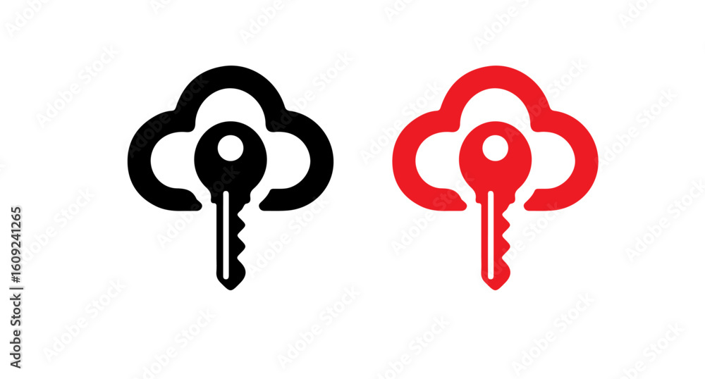 Poster black and red cloud icons with keys representing cloud security and data access