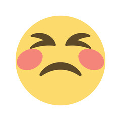 Sad emoji with furrowed brow and rosy cheeks expressing disappointment and emotional distress on white background