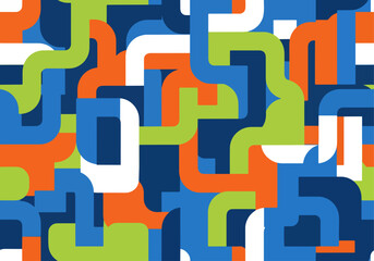 A vibrant abstract pattern features interlocking, pipe-like shapes in a playful color palette of blue, green, orange, and white