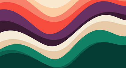 Flowing, diagonal waves of vibrant red, purple, and green create a dynamic abstract landscape with a subtle paper cut-out effect.