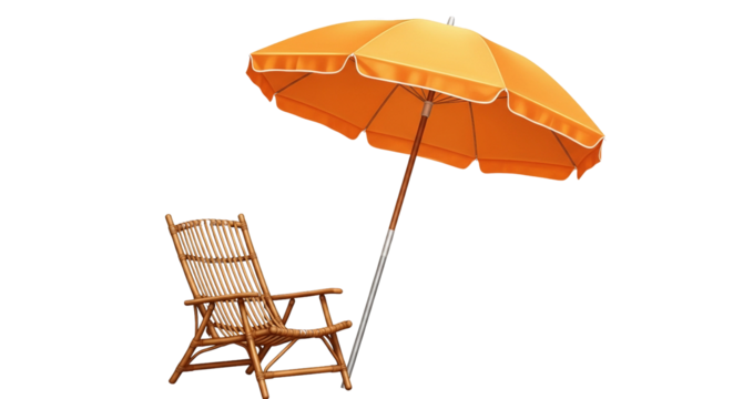Orange beach umbrella and wooden chair for summer vacation isolated PNG with Transparent Background - Powered by Adobe