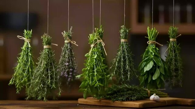 Herbs and garlic growing in pots