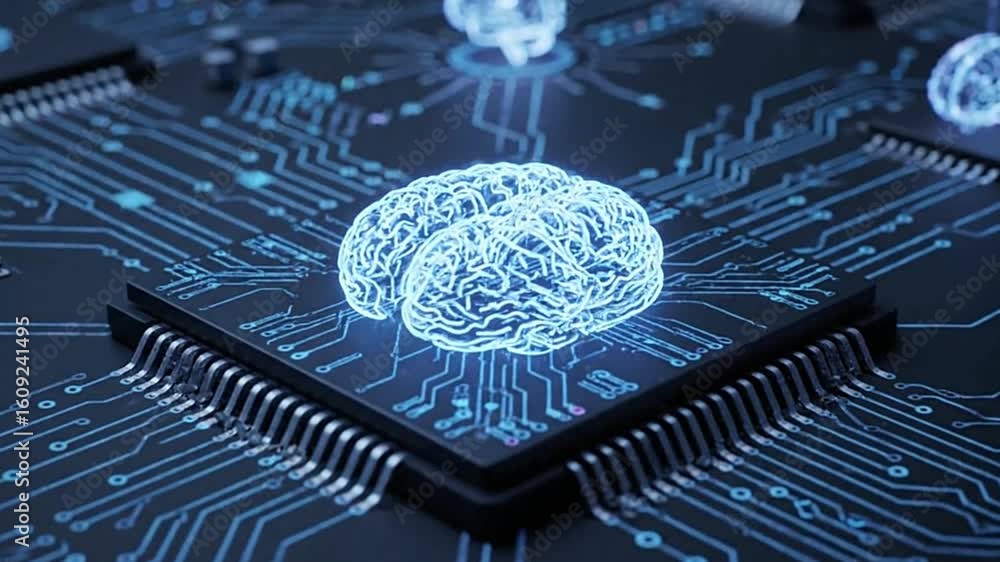 Poster blue holographic brains float above a tech chip on a circuit board with glowing lines