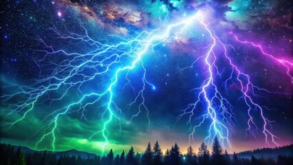 Electric blue lightning bolt streaks across a dark sky with vibrant purple and green hues