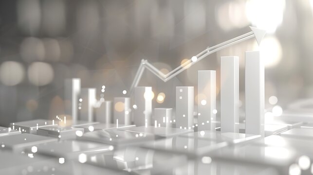 modern 3D render of a white bar chart with ascending values and jagged white line graph, large upward arrow and percentage symbol, soft gradient grey background with bokeh effects