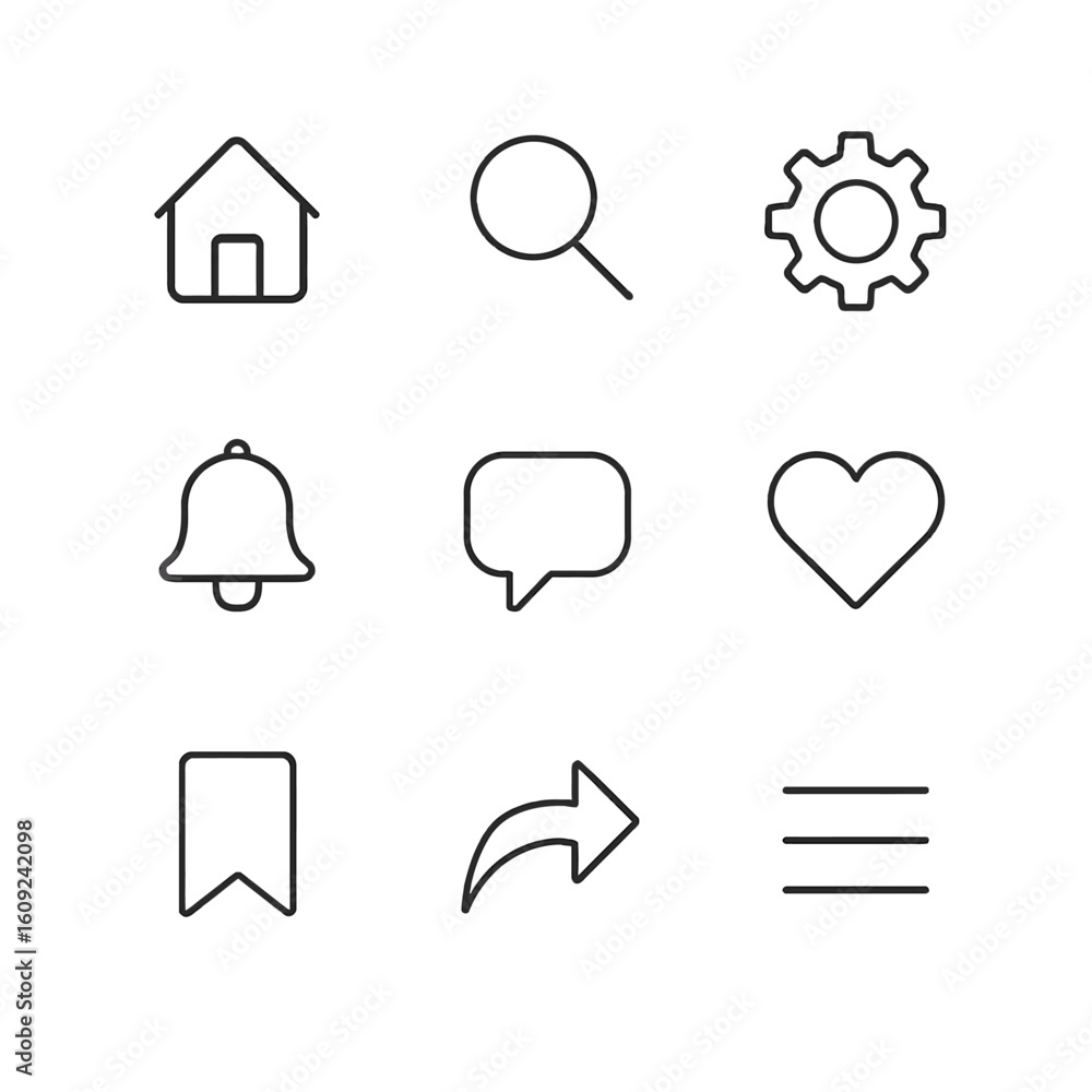 Poster set of simple black line icons for user interface or web design
