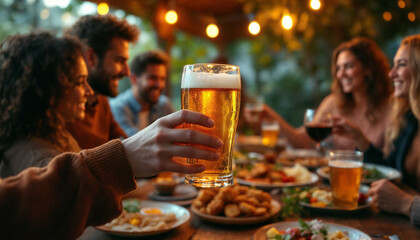 Friends share food and drinks under warm string lights, celebrating together.
