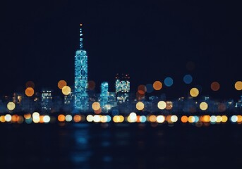 Illuminated cityscape featuring a tall tower at night