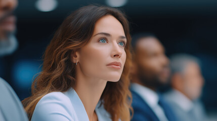 Fototapeta premium Confident businesswoman with blue eyes attentively listening during meeting, surrounded by diverse colleagues in professional setting