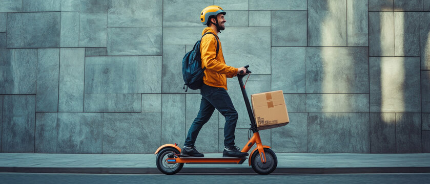 Courier on electric scooter with delivery box. Applicable in articles about urban logistics, green transportation and modern delivery services.