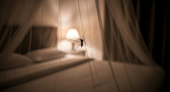 A mosquito sits on a mosquito net in a bedroom, with a bed and lamp visible in the background.